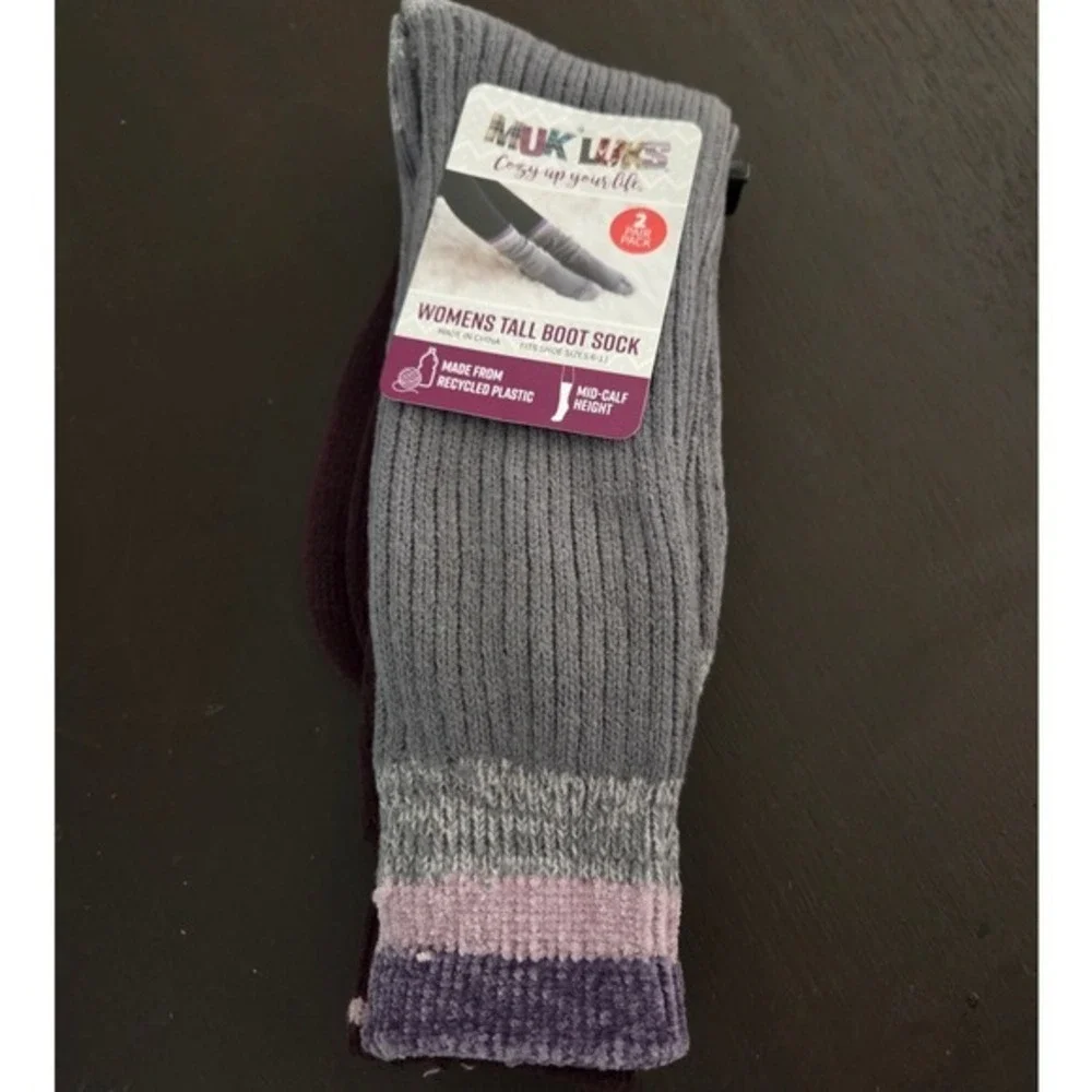 Muk‎ Luks Womens Tall Boot Socks 2 Pair Pack Grey Plum Mid Calf Fits Size 6-11